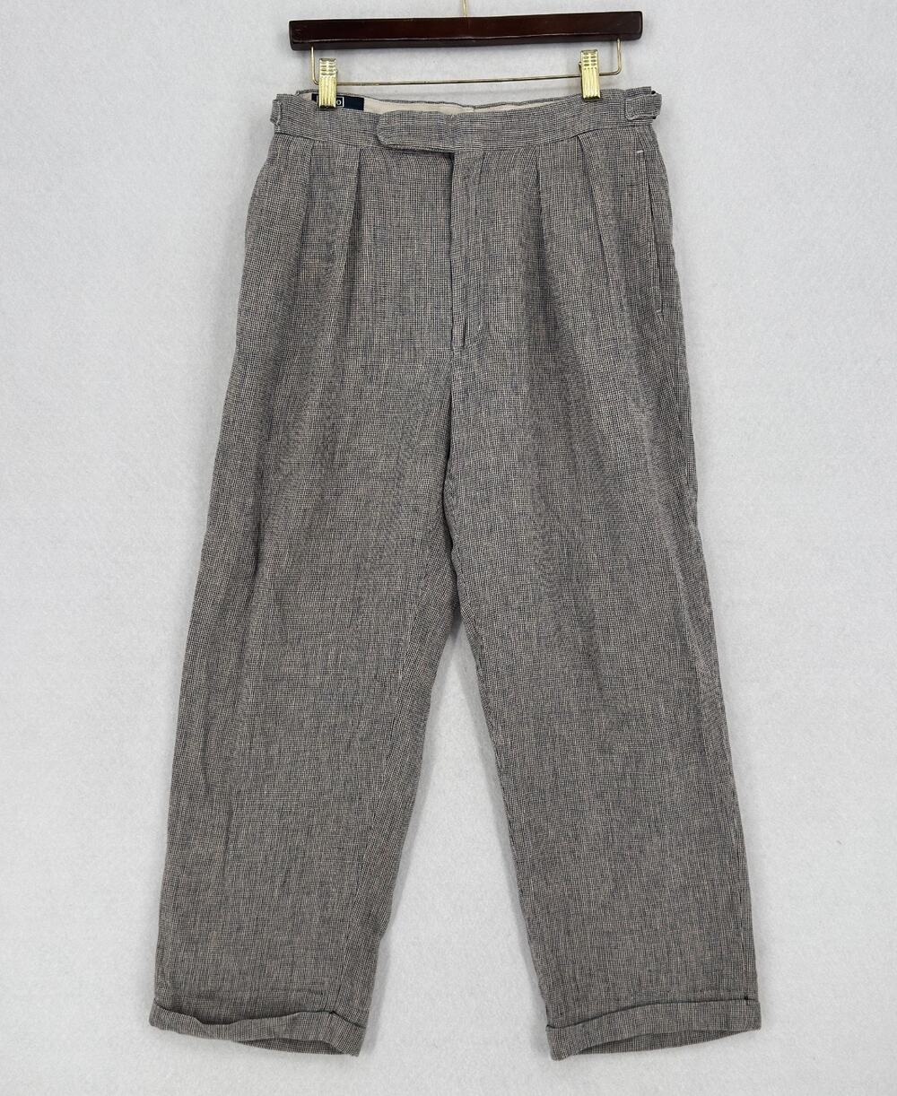 Vintage Polo Ralph Lauren Mens Gray Pleated Houndstooth Relaxed Trouser Pants